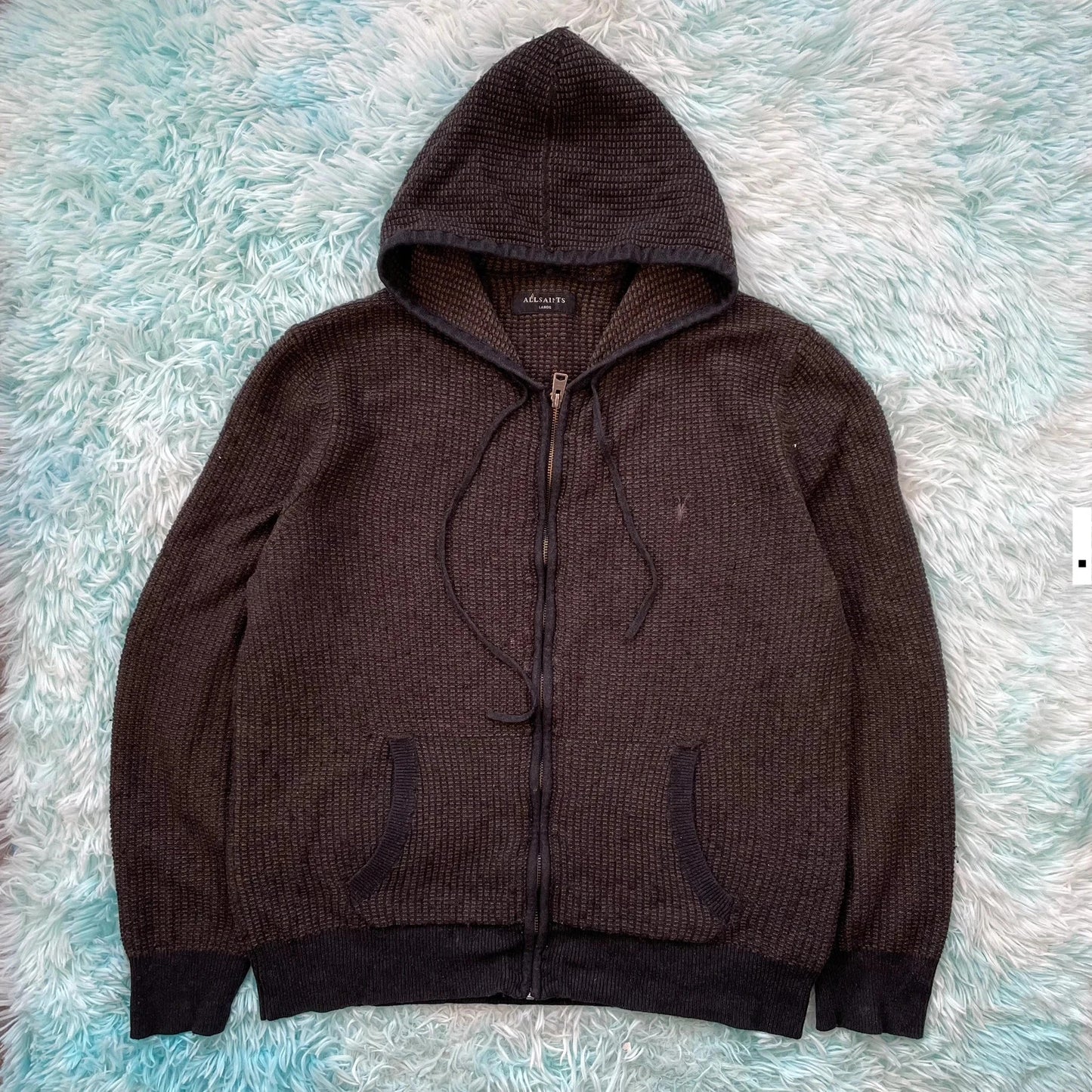 Dark Brown AllSaints Ribbed Knitted Hoodie Full Zip - Large