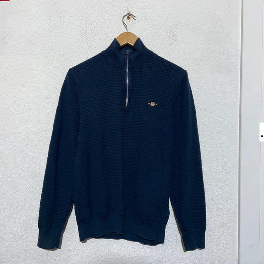 Navy Gant 1/4 Zip Sweatshirt Waffle Knit - Medium