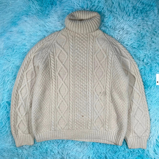 Vintage Cream Turtleneck Arran Knit Jumper - Small