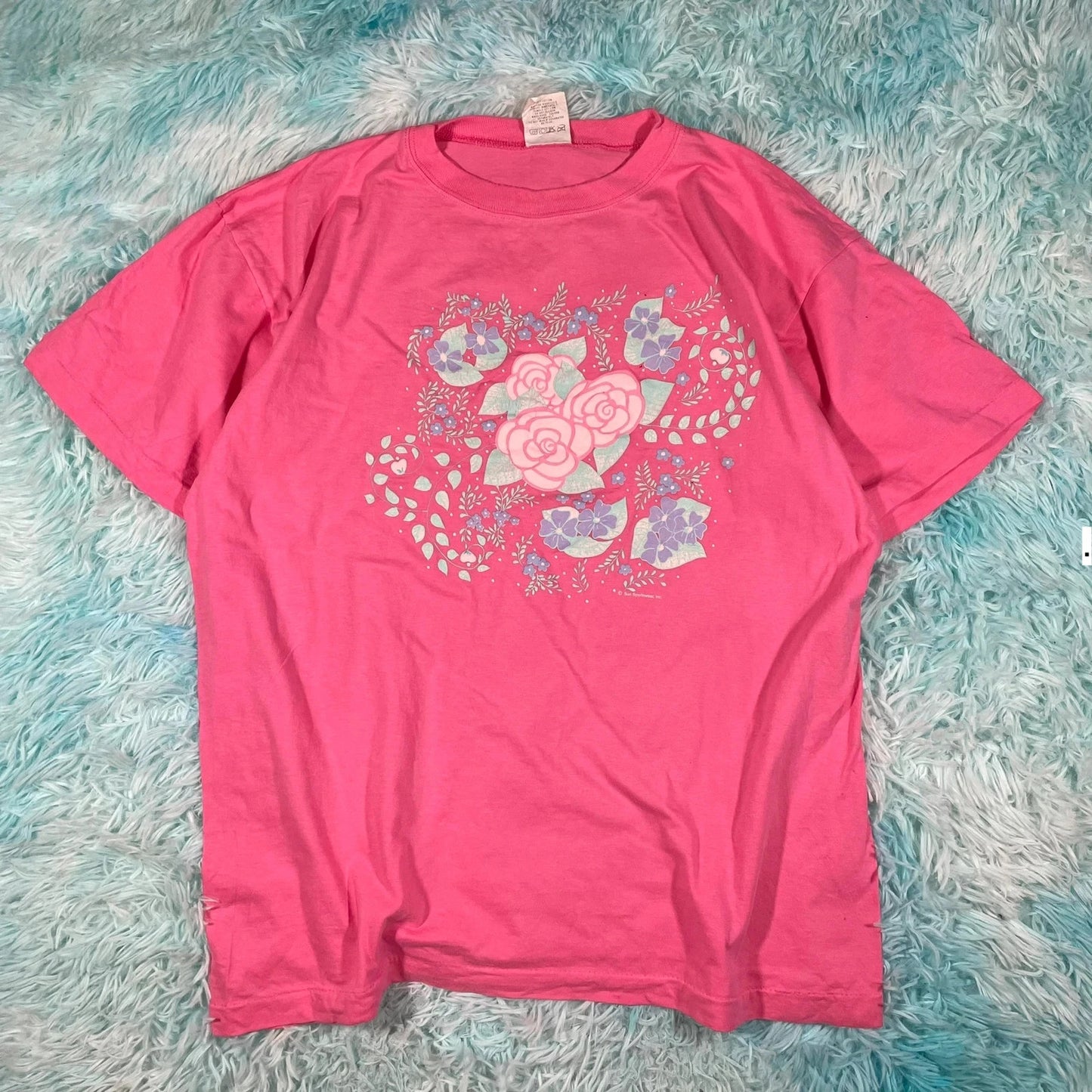 Vintage 80s Pink Floral Graphic T Shirt - Medium