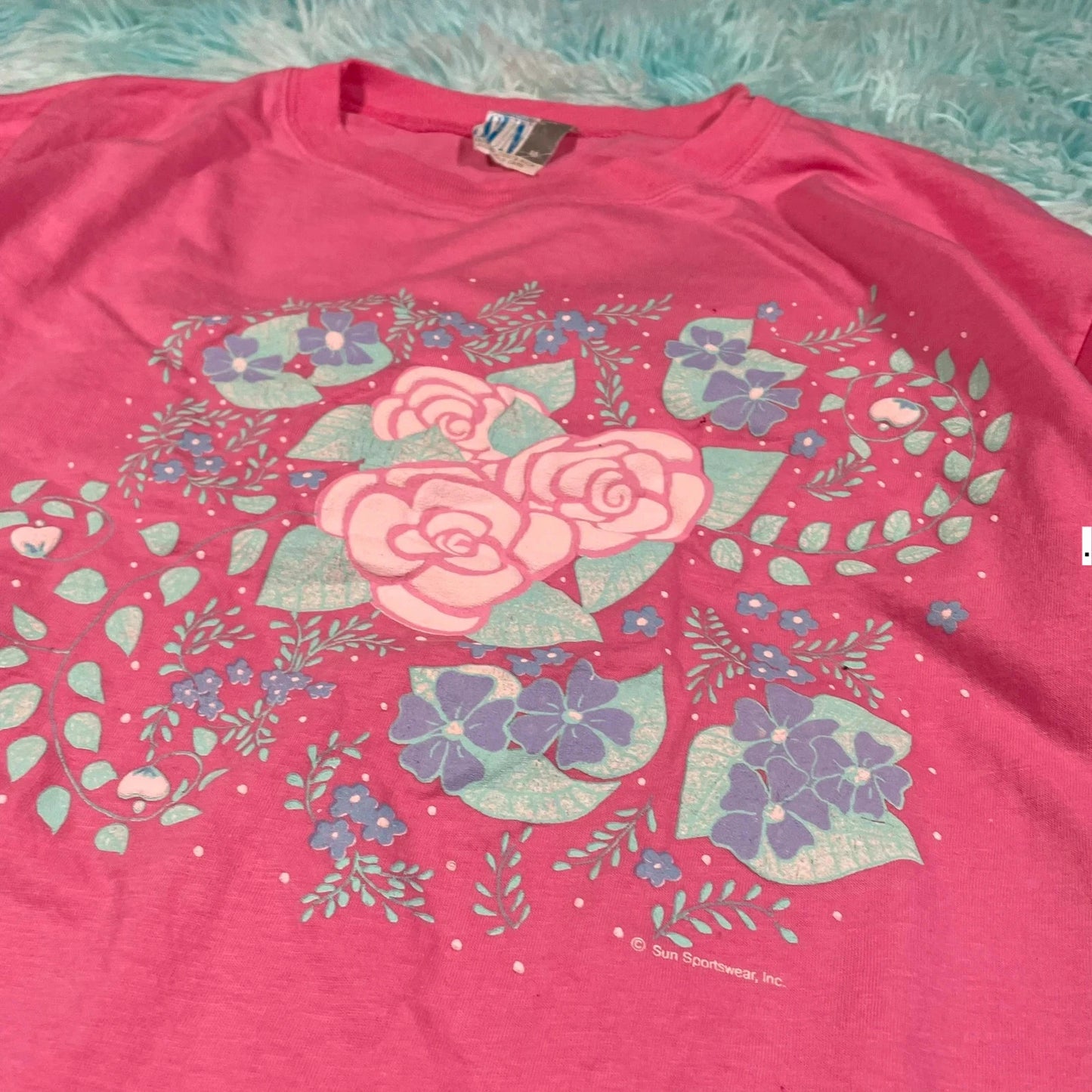 Vintage 80s Pink Floral Graphic T Shirt - Medium