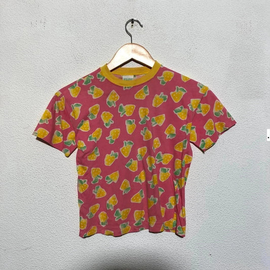 Vintage 80s Pink Benetton Baby Tee Lemon Print - Medium