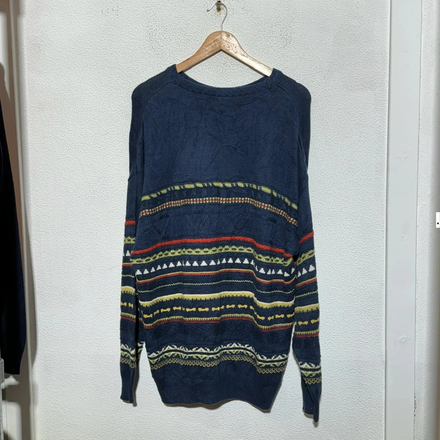 Vintage 90s Navy Funky Patterned Knitted Jumper - XXL