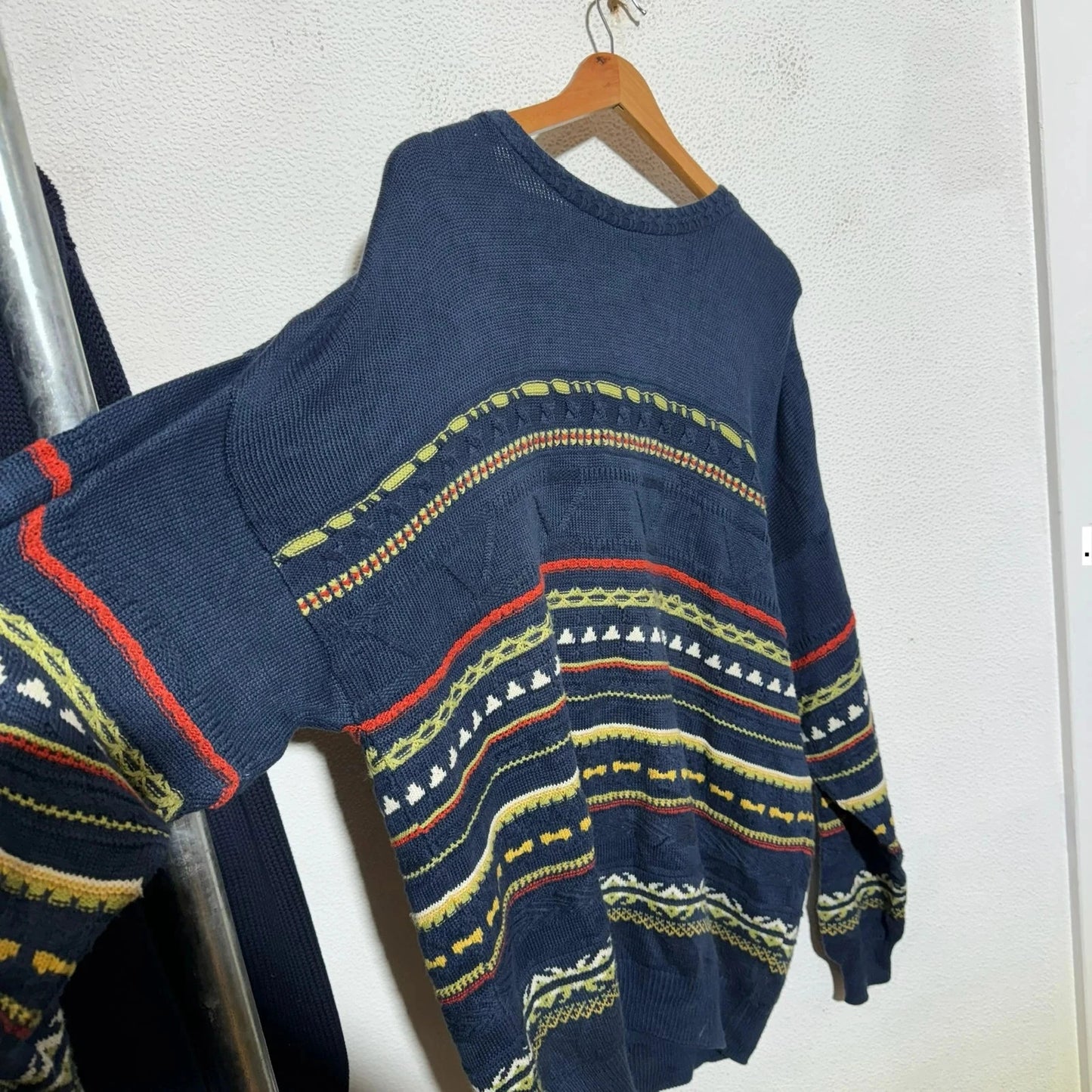 Vintage 90s Navy Funky Patterned Knitted Jumper - XXL
