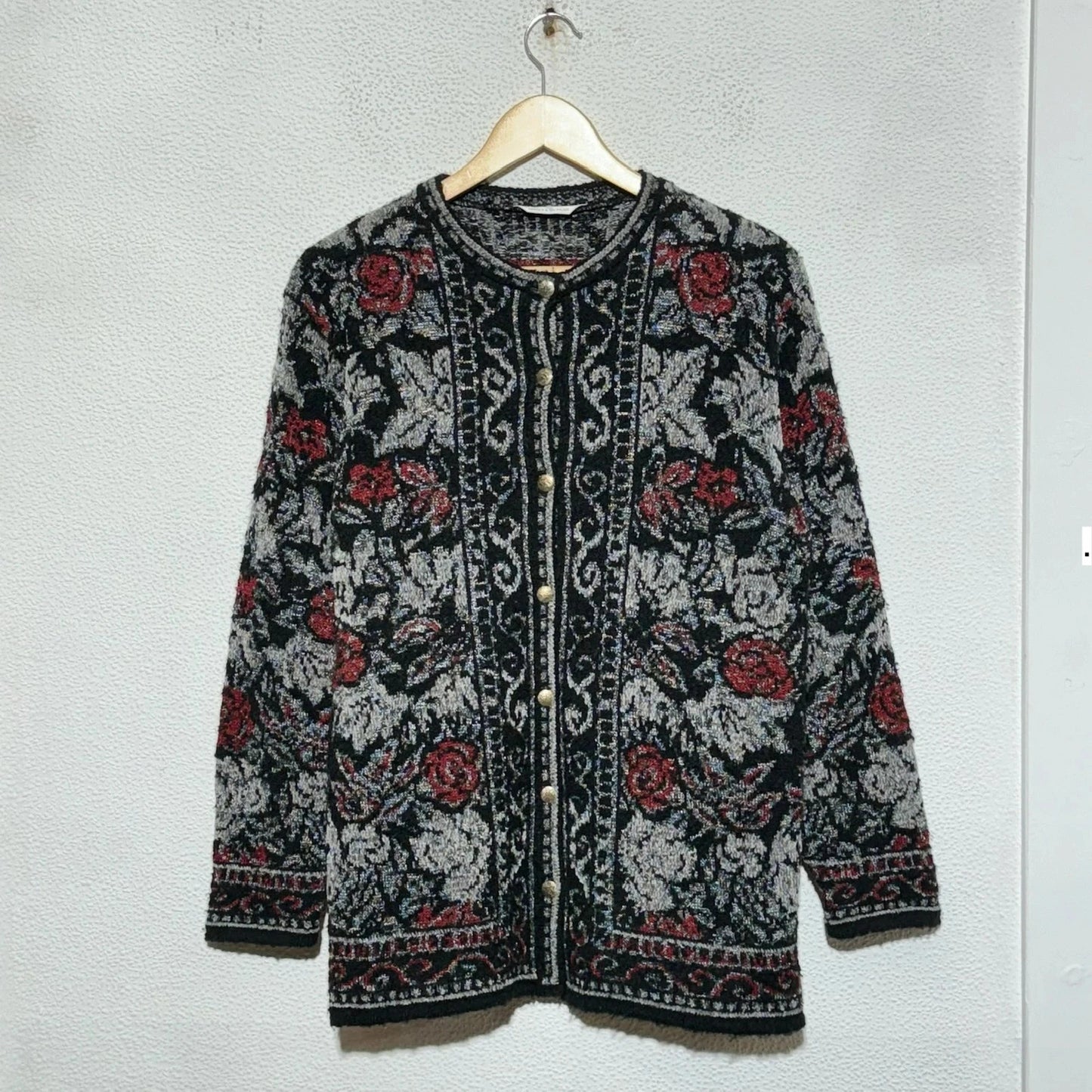 Vintage 80s Black Floral Patterned Knitted Cardigan