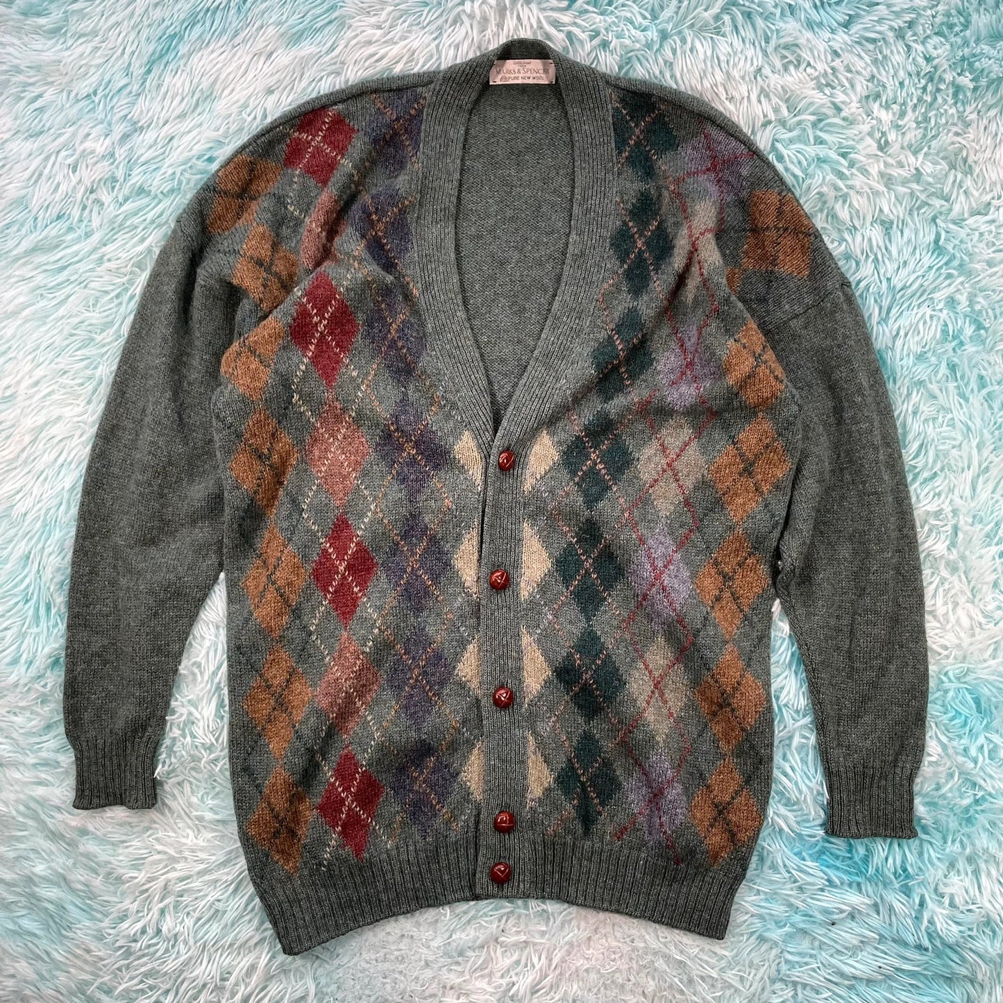 Vintage 90s Green Argyle Knitted Cardigan - Large