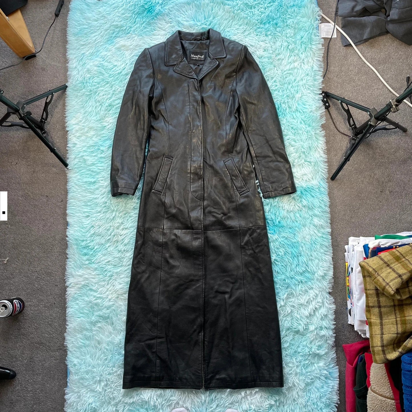 Vintage 90s Black Leather Duster Trench Coat - Medium