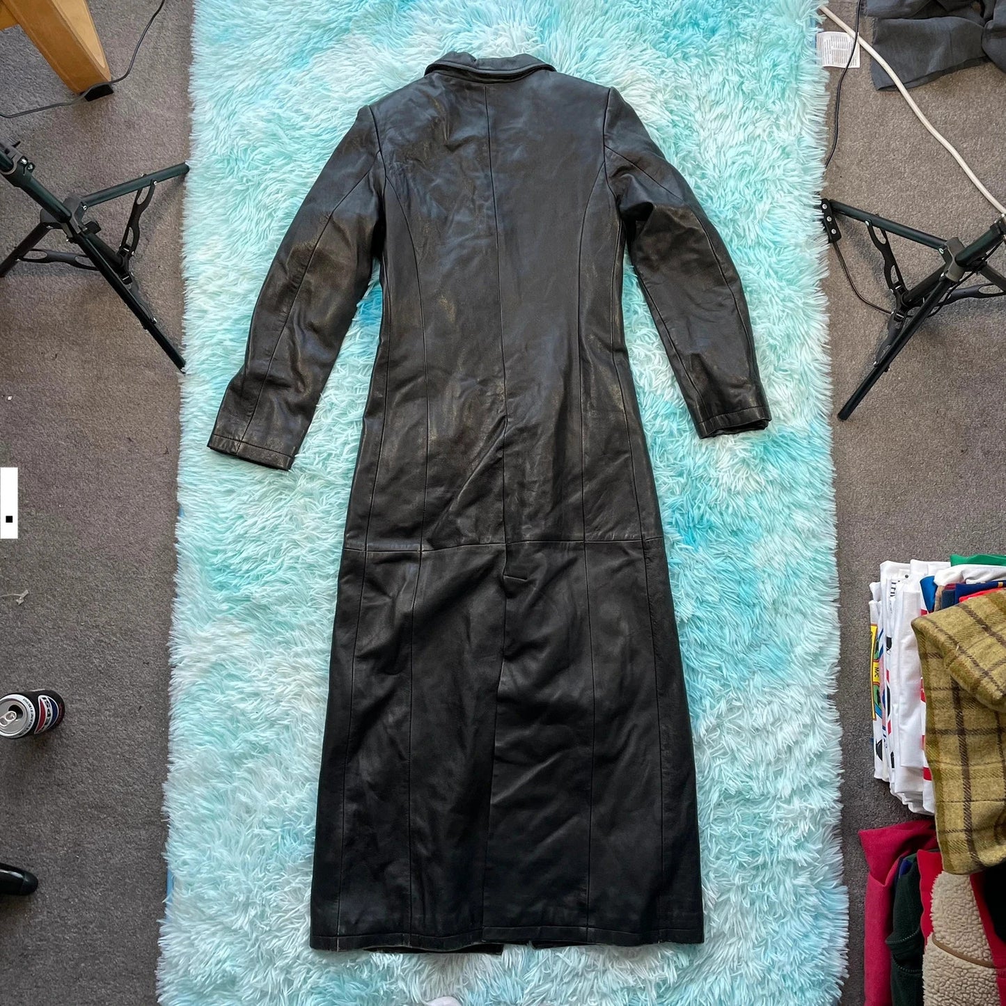 Vintage 90s Black Leather Duster Trench Coat - Medium