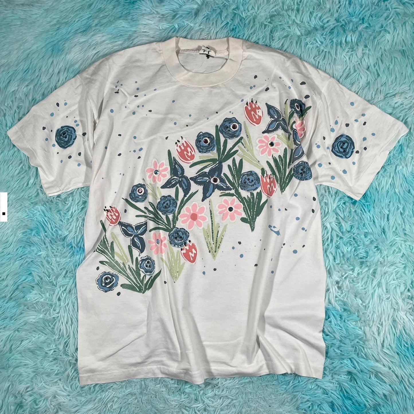 Vintage 80s White Floral Graphic T Shirt - Large