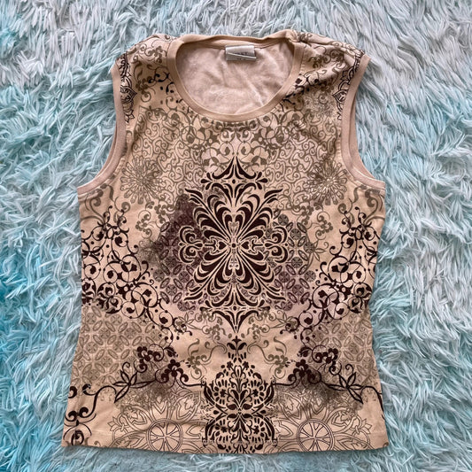 Vintage Y2K beige Patterned Tank Top Next - UK12