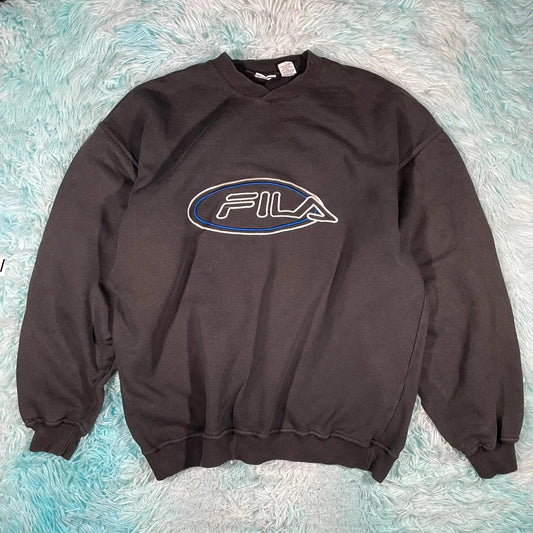 Vintage 90s Black Fila Sweatshirt Embroidered Spellout - Large