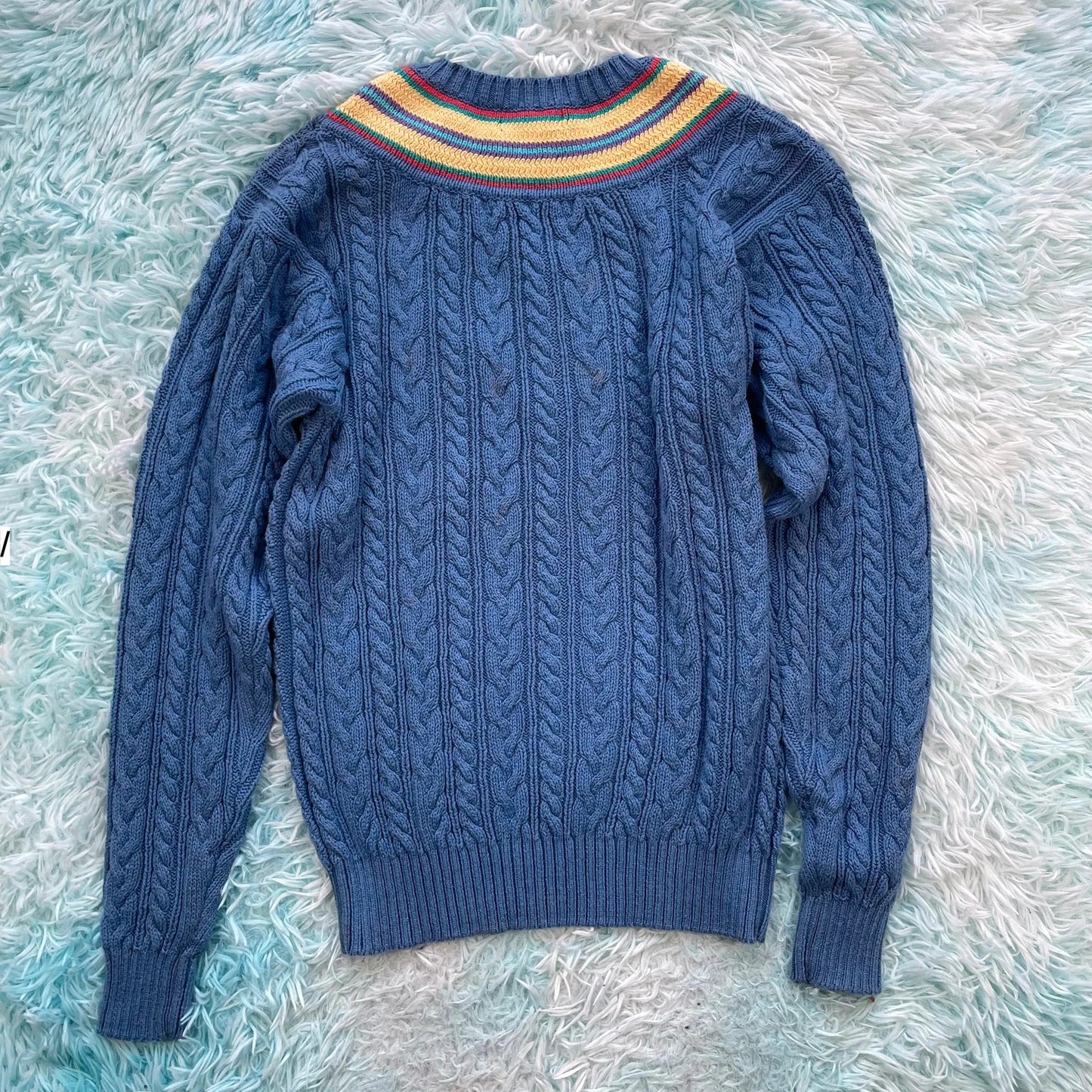 Vintage 90s Blue Cable Knit V Neck Jumper - Small