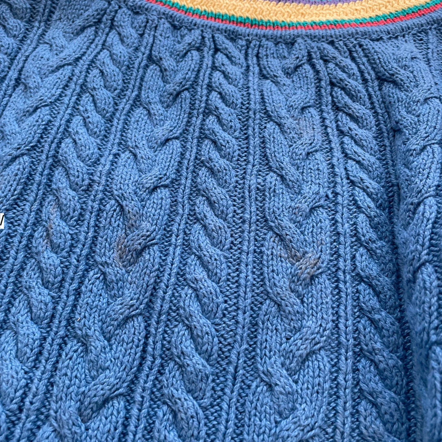 Vintage 90s Blue Cable Knit V Neck Jumper - Small