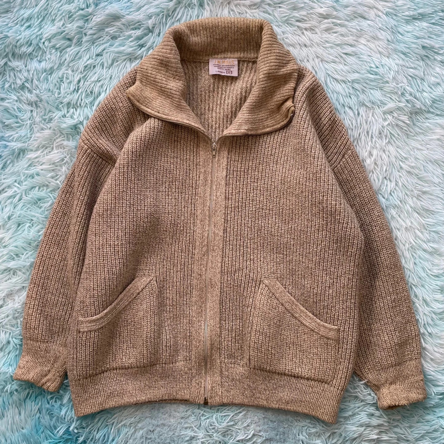 Vintage 90s Beige Wool Knitted Jumper Full Zip France - Large