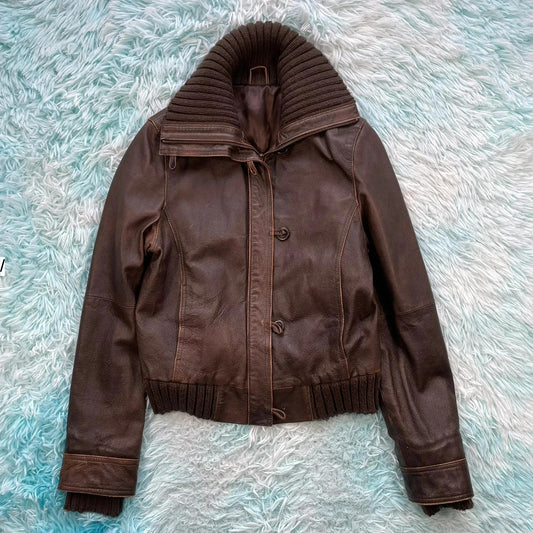 Vintage 00s Y2K Brown Leather Jacket Fitted - Size 12