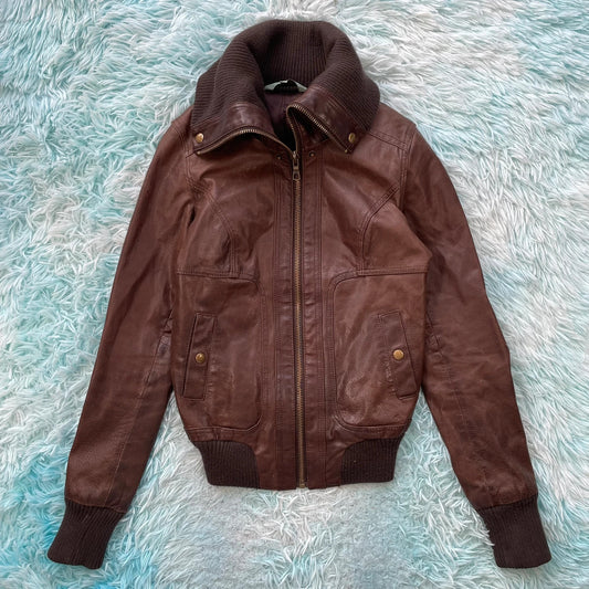 Vintage 00s Brown New Look Fitted leather Jacket - Size 8