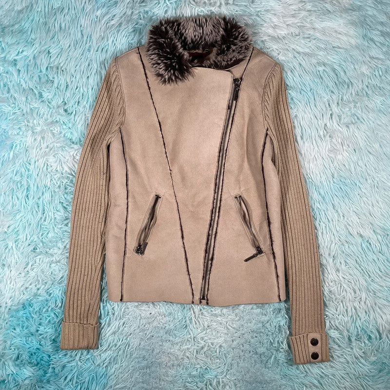 Vintage Y2K Beige Rocha Suede Fur Leather Jacket - Size 10