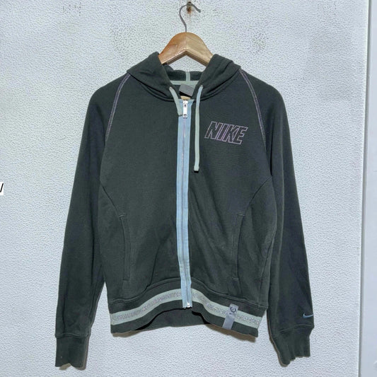 Vintage Dark Grey Y2K Nike Hoodie Full Zip - Medium