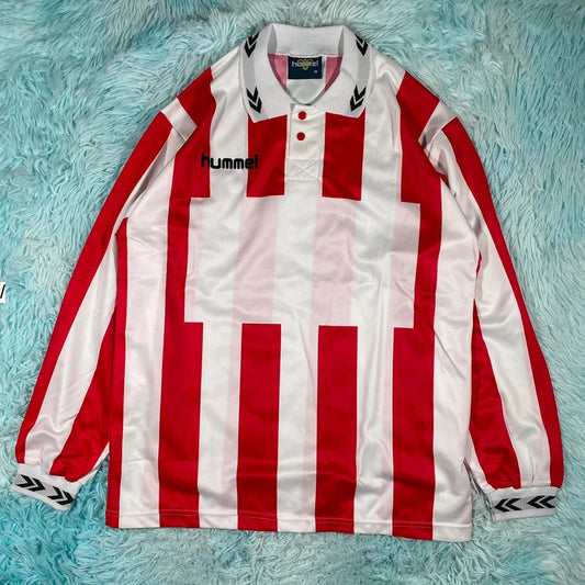 Deadstock Vintage 90s Red & White Striped Hummel Football Shirt - Medium
