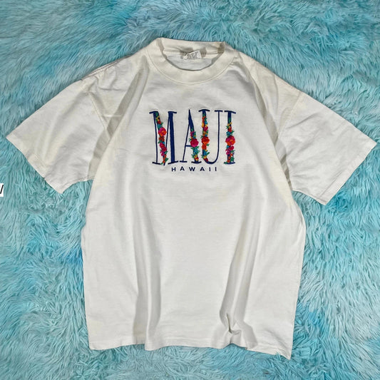Vintage 90s White Maui Embroidered T Shirt - Large