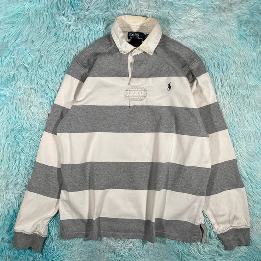Vintage 90s Grey & White Polo Ralph Lauren Rugby Shirt - Large