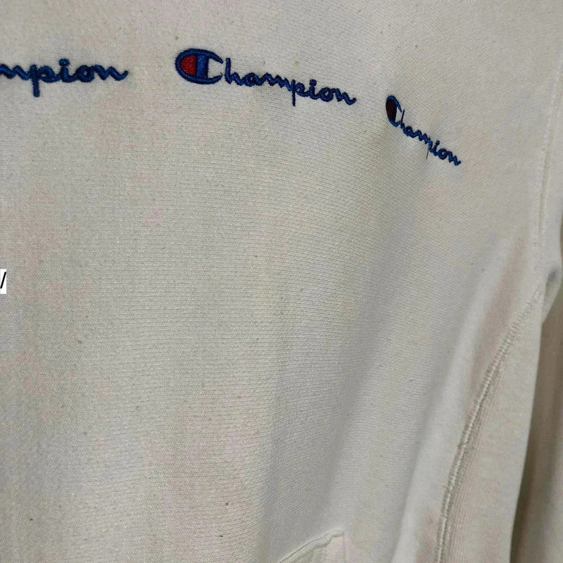 Vintage White Champion Hoodie Triple Spellout Reverse Weave - Small
