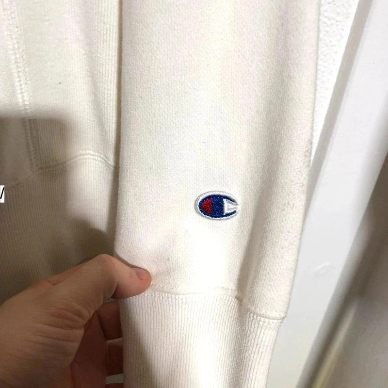 Vintage White Champion Hoodie Triple Spellout Reverse Weave - Small
