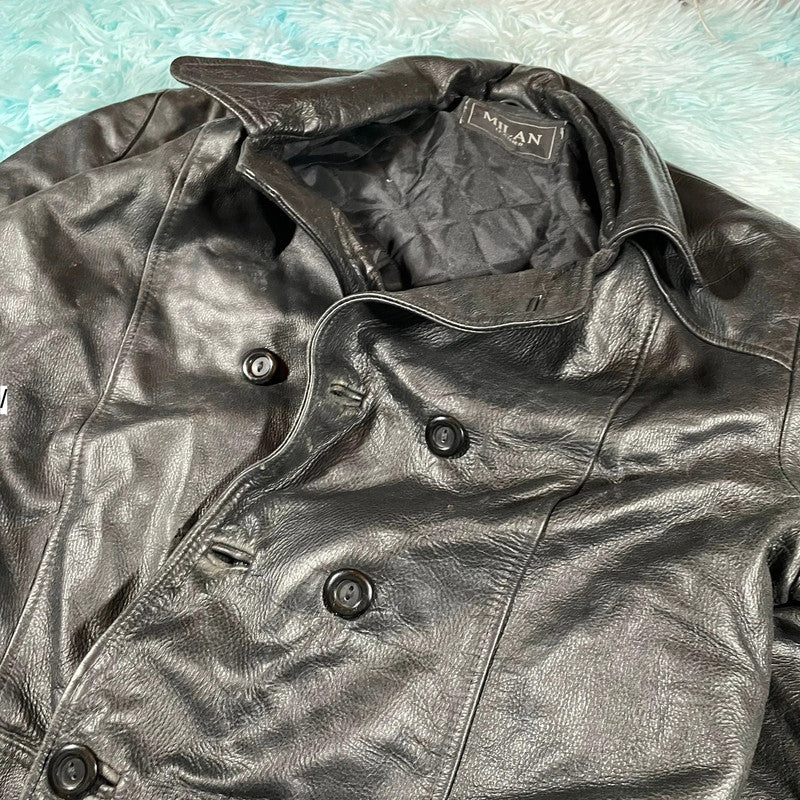 Vintage Black Milan Leather Jacket Button Up - Large