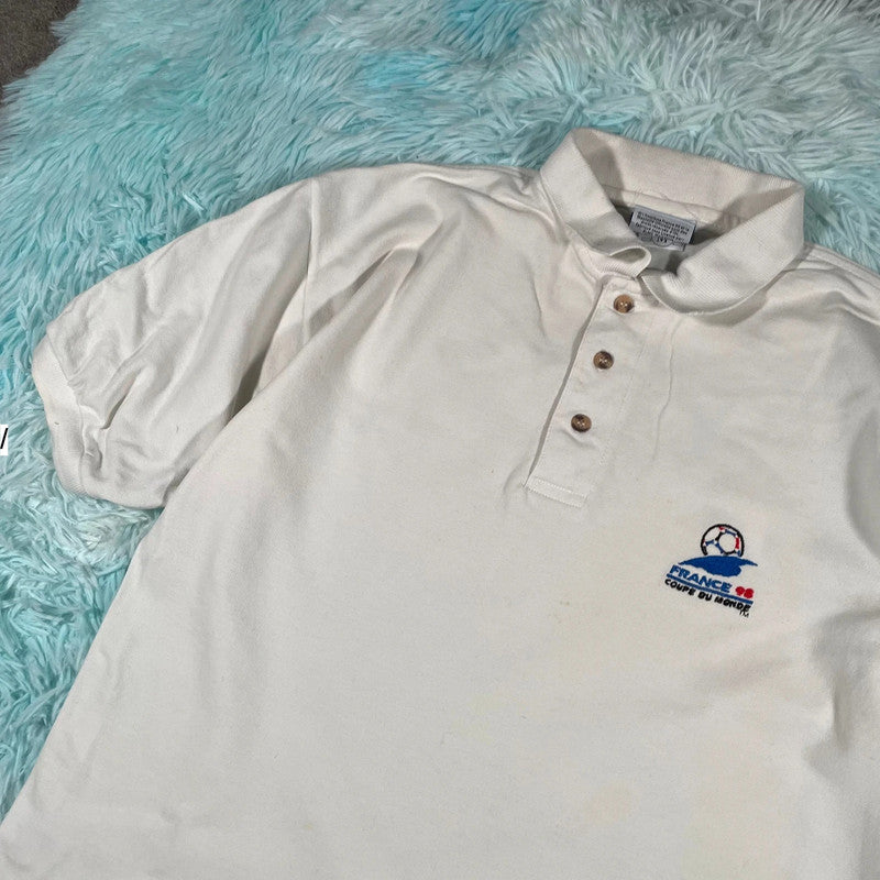 Vintage 90s White France 98 World Cup Polo Shirt - Medium