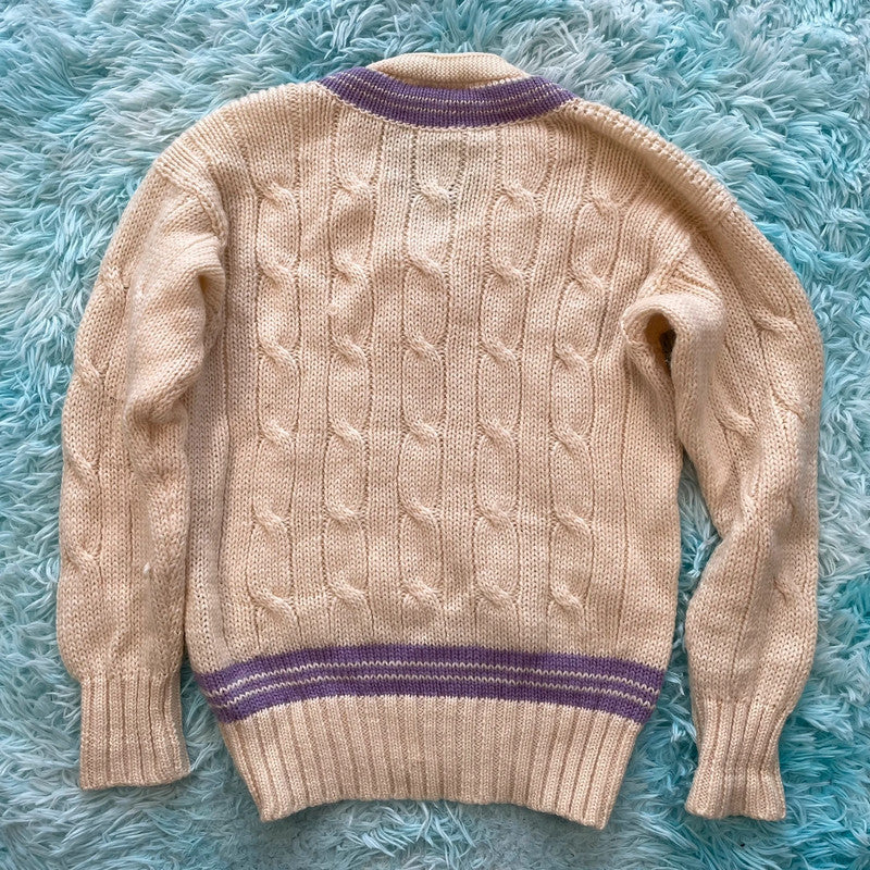 Vintage 90s Cream V Neck Cricket Jumper - Small