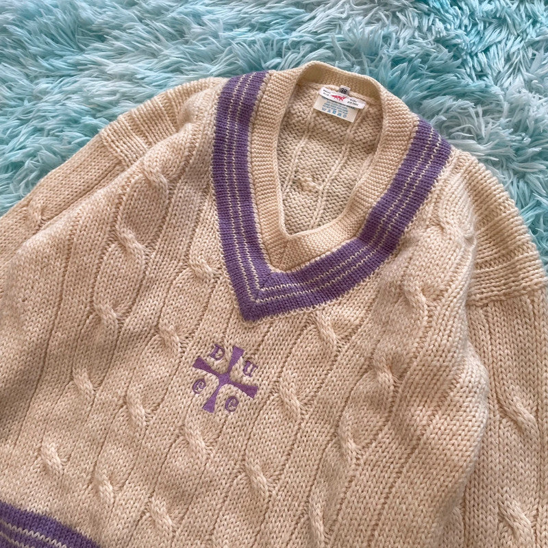 Vintage 90s Cream V Neck Cricket Jumper - Small