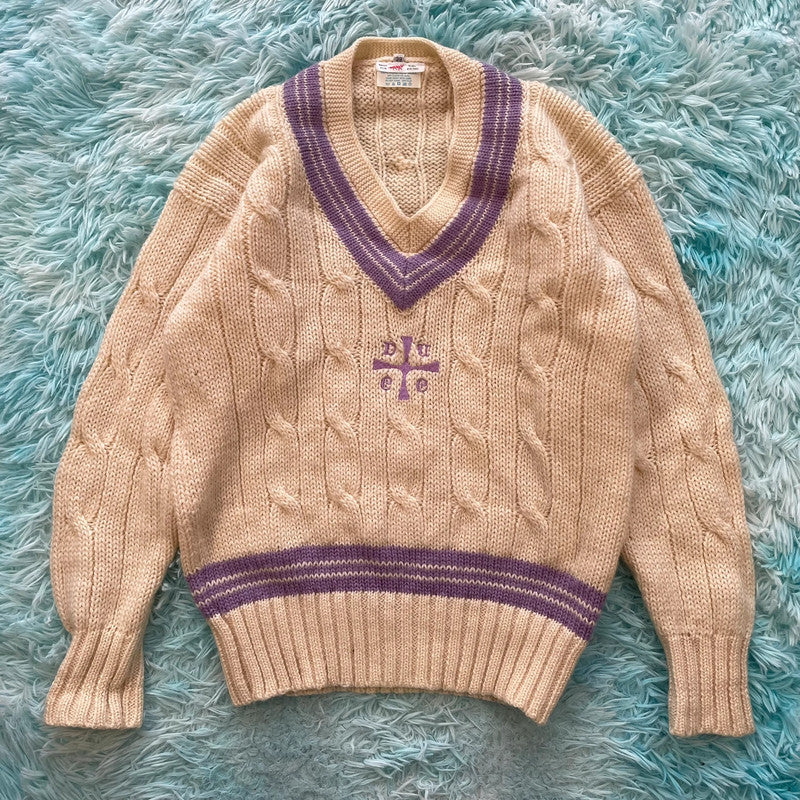 Vintage 90s Cream V Neck Cricket Jumper - Small