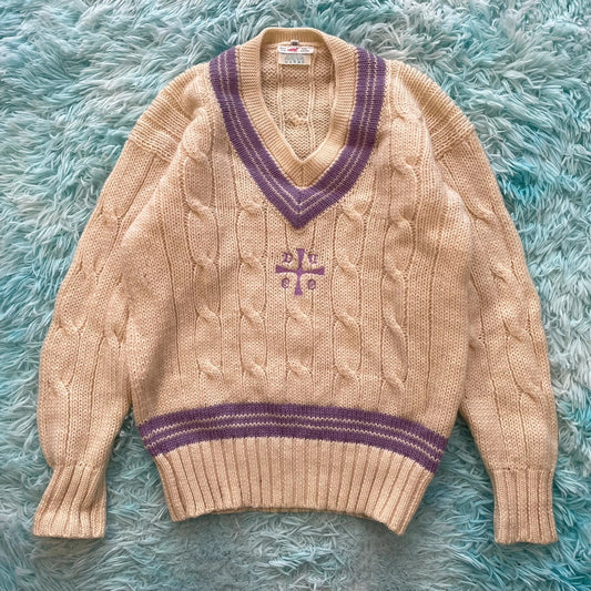 Vintage 90s Cream V Neck Cricket Jumper - Small