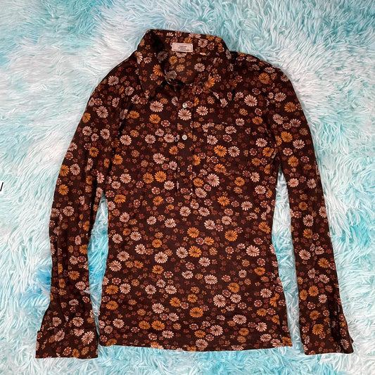 Vintage 70s Brown Floral Shirt Tergal New Man - Size 8