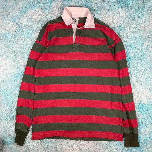 Vintage 90s Green & Red Striped Rugby Shirt - XL
