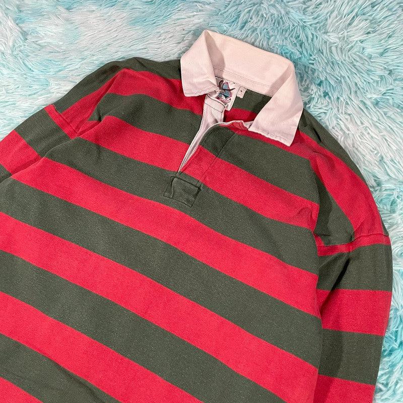 Vintage 90s Green & Red Striped Rugby Shirt - XL