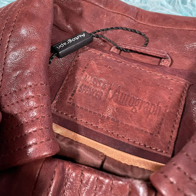 Vintage Y2K Red M&S Leather Jacket Belted - UK10