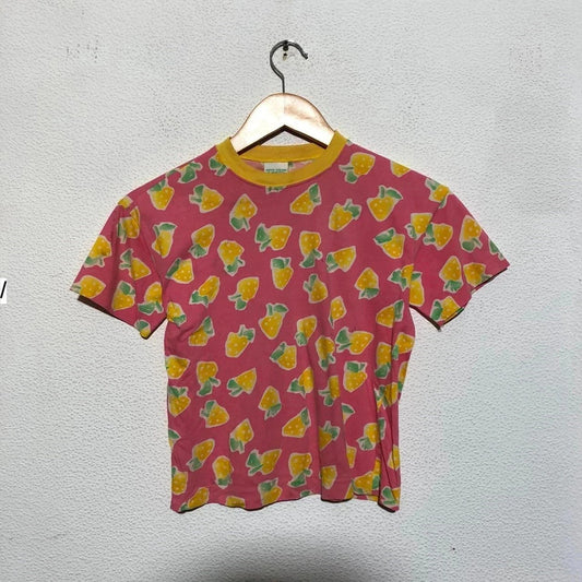 Vintage 80s Pink Benetton Baby Tee Lemon Print - Medium