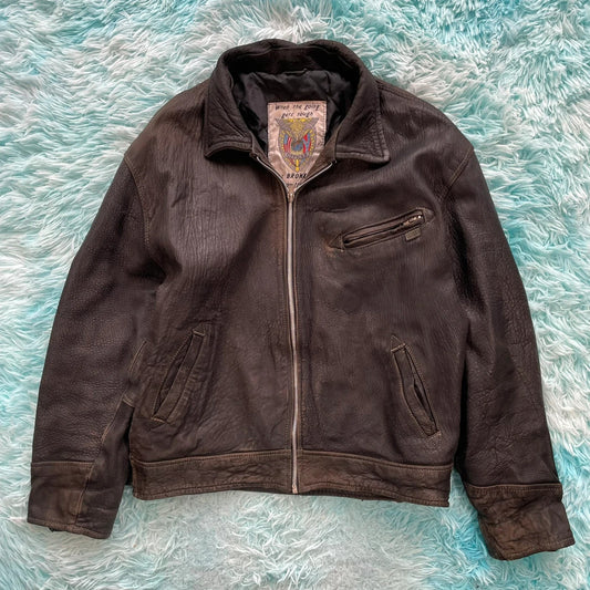Vintage 90s Black Heavy Leather Jacket Bronx - Medium