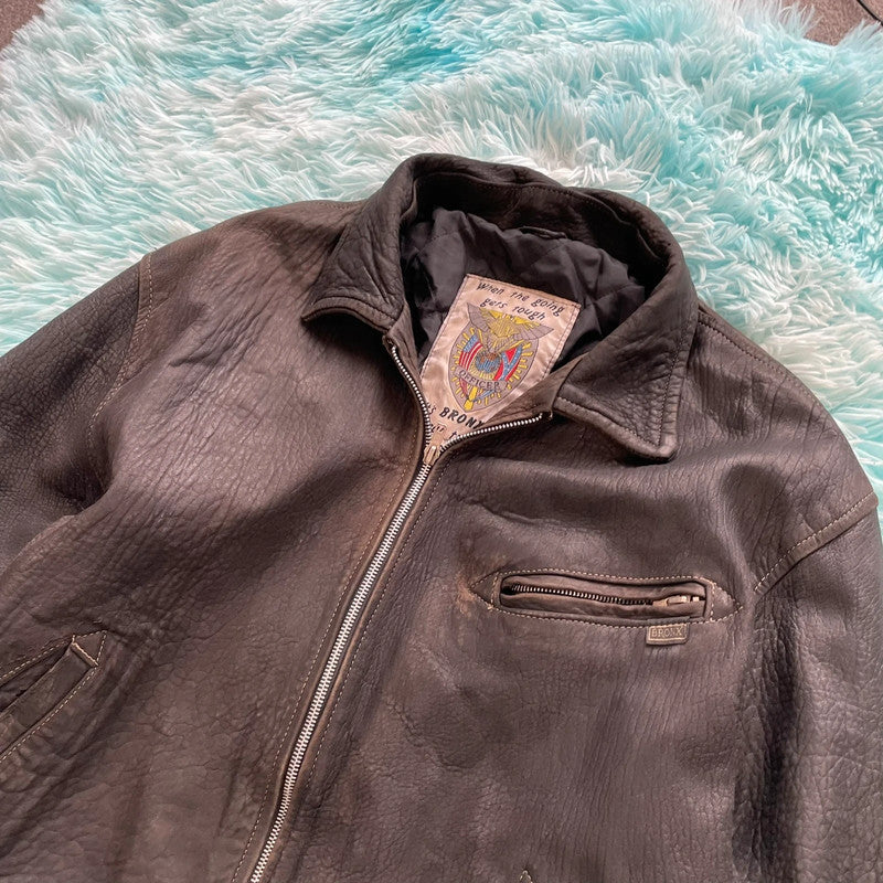 Vintage 90s Black Heavy Leather Jacket Bronx - Medium