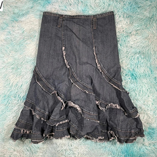 Vintage 00s Denim Pleated Skirt Ruffled - Size 10