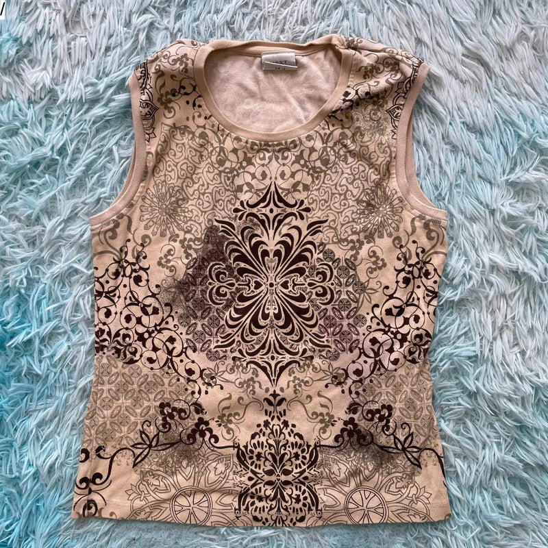 Vintage Y2K beige Patterned Tank Top Next - UK12