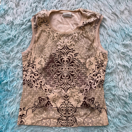 Vintage Y2K beige Patterned Tank Top Next - UK12