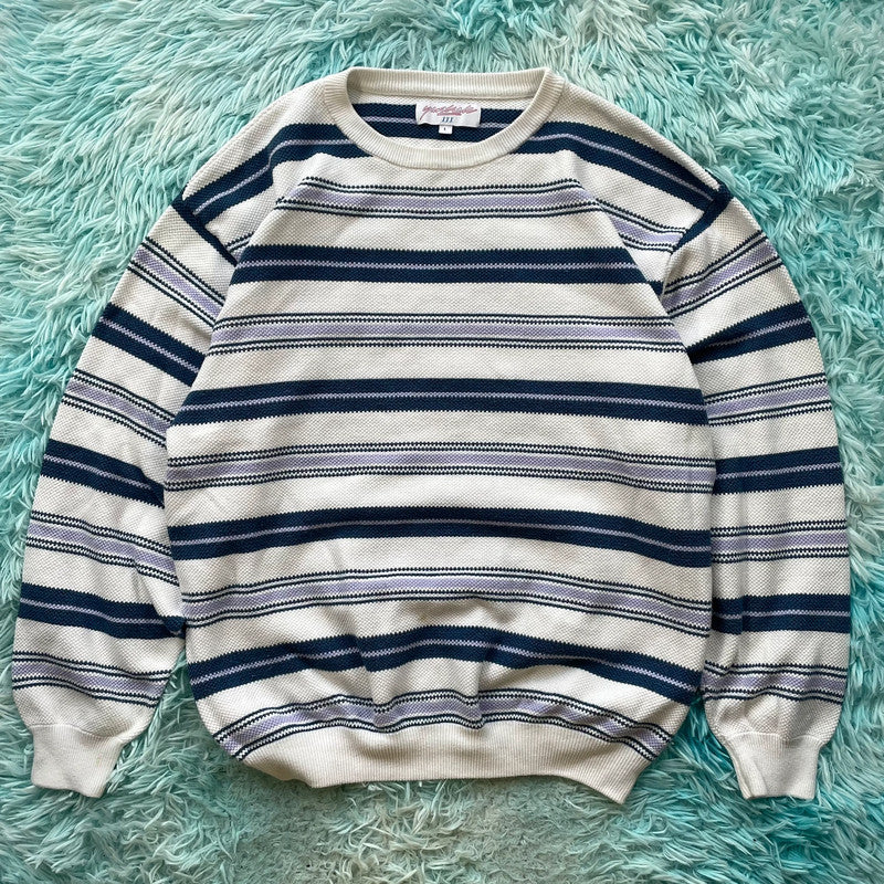 White & Navy Striped Yardsale Knitted Jumper - Large