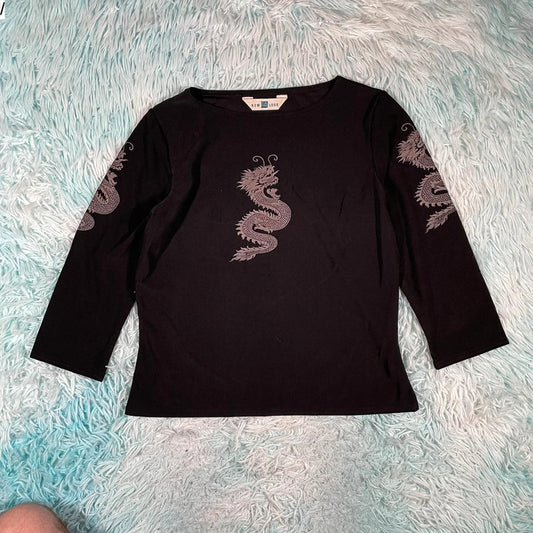 Vintage Y2K Black Dragon Print Top New Look - Size 14