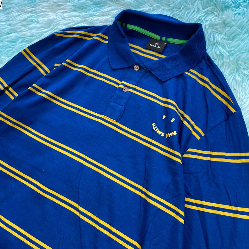 Blue & Yellow Striped Paul Smith Polo Shirt Long Sleeve -  Medium