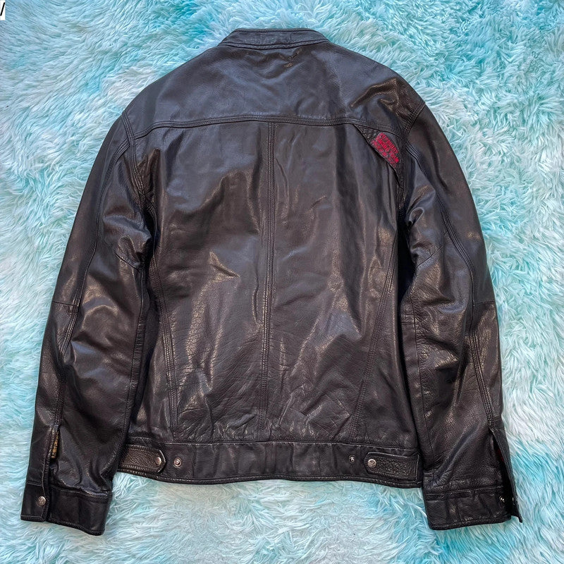Vintage Black Superdry Leather Biker Jacket - XL