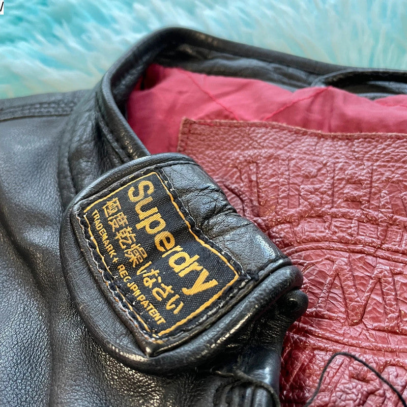 Vintage Black Superdry Leather Biker Jacket - XL