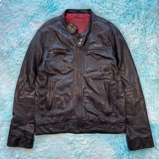 Vintage Black Superdry Leather Biker Jacket - XL