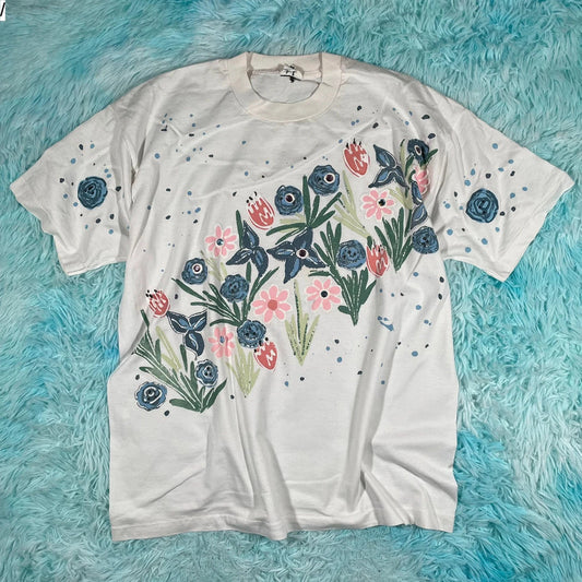 Vintage 80s White Floral Graphic T Shirt - Large